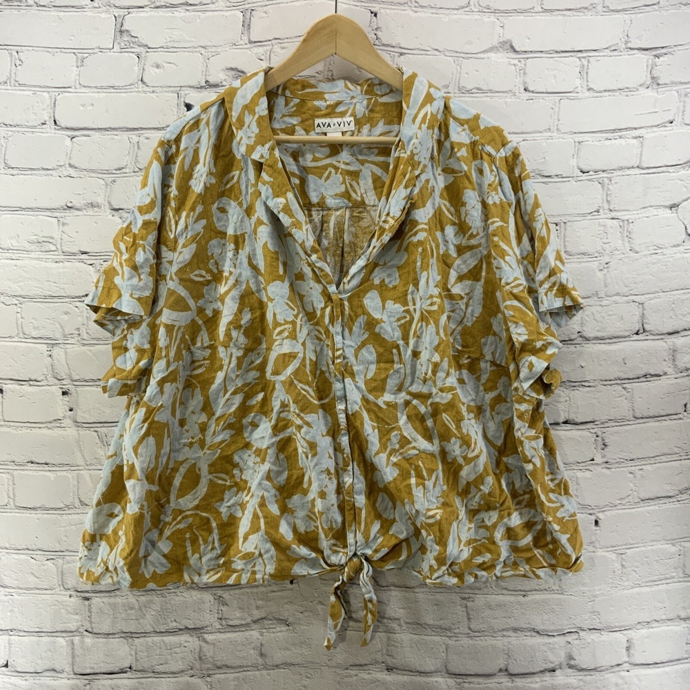 Ava Viv Crop Top Womens Plus Sz 3XL Yellow Linen‎ Blend